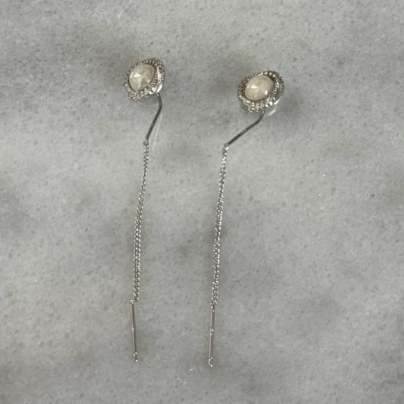 Sterling Silver Vintage Style Pearl Crystal Swirl Threaded Needle Earrings New - Picture 2 of 4